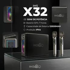 Caixa De Som Imenso IMS-X32 120w Com Luzes RGB Alça e 2 Microfones Sem Fio Recarregável Bivolt Som Potente Para Karaoke