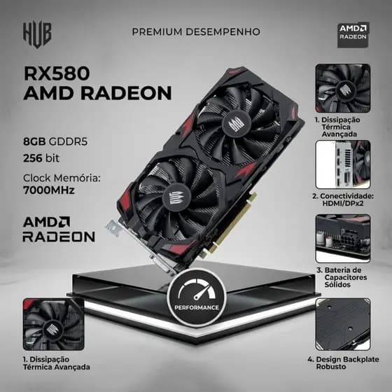 Placa De Vídeo Gamer AMD RADEON Rx 580 8GB GDDR5 HDMI/DP x2 8 Pinos Microsoft DirectX 12 OpenGL 4.6 Suporta Até 3 Monito