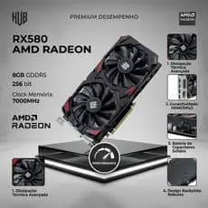 Placa De Vídeo Gamer AMD RADEON Rx 580 8GB GDDR5 HDMI/DP x2 8 Pinos Microsoft DirectX 12 OpenGL 4.6 Suporta Até 3 Monito