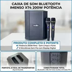 Caixa de Som Bluetooth Imenso X74 200W Potência Portátil 2 Microfones Sem Fio Karaoke Musica Cantar Festa em Familia