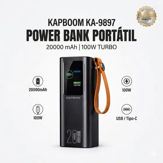 Power Bank 20000 mAh 100W Turbo Portatil Carregamento Rápido com Lanterna Embutido Cabo Tipo C Powerbank KAPBOM