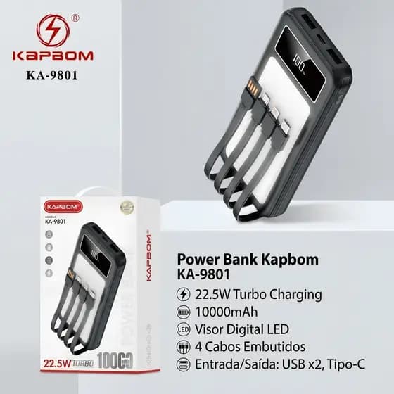 Power Bank 10000 mAh 22.5W Carregamento Turbo com 4 Cabos Embutidos Visor Led 2 Entradas USB 1 Tipo C Portatil PowerBank