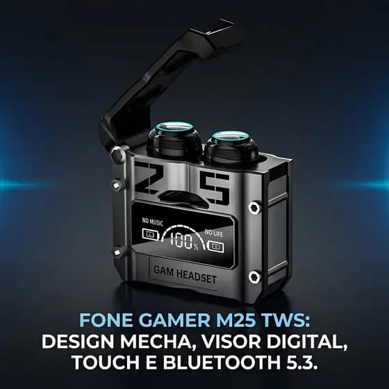 Fones De Ouvido M25 Gamer Recarregável Portátil Bluetooth Sem Fio Tws Touch Control ENC com Visor LED