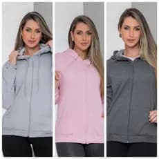 Casaco Moleton De Frio Moda Feminina Flanelado Capuz, Ziper E Bolsa Nas Laterais