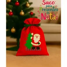 SACO PARA PRESENTES DE NATAL TECIDO OXFORD COM APLICAÇÃO PAPAI NOEL PRESENTES PANETONE