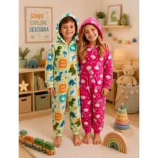 Macacão com zíper Pijama Infantil Microfibra Menina e Menino Inverno