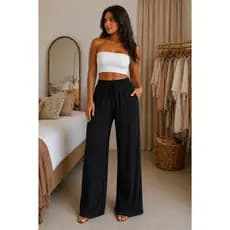 Calça Pantalona Feminina Tecido Duna Cintura Alta Elegante com Bolsos Confortável Solta Moda Casual