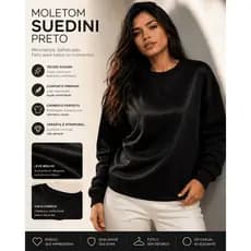 Blusão Feminino Preto Manga Longa Suedini Fashion Casual Confortável Roupa Moderna Chic
