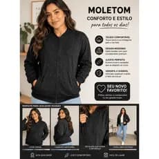 Jaqueta Feminina Moletinho Botonê Preta Casual Confortável Zíper Moda Inverno Premium