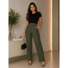 Calça Pantalona Feminina Linho Premium Cintura Alta Com Bolsos Confortável Elegante Casual