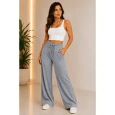 Calça Feminina Pantalona Malha Rib Premium Cintura Alta Cós com Elástico e Cordão Wide Leg Confortável Casual