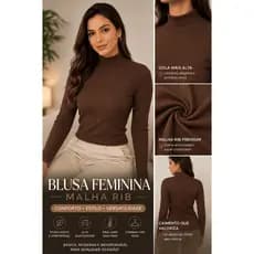 Blusa Feminina Gola Alta Malha Rib Canelada Manga Longa Premium Confortável Básica Casual Inverno