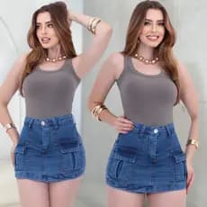 Short Saia Cargo Jeans Feminina Curto Bolsos Frontal Cintura Alta Levanta Empina Bumbum Moda Gringa COM ELASTANO