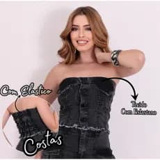 CROPPED JEANS FEMININO com Licra TOMARA QUE CAIA COM BOTÃO NA FRENTE TOP