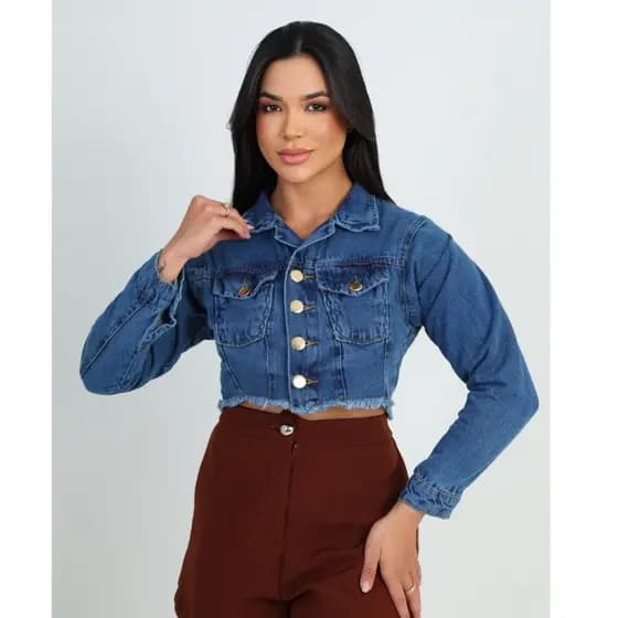 Jaqueta feminina jeans Desfiada Cropped Manga Longa Moda Tendência Premium