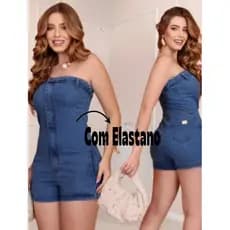 Macacão Macaquinho Feminino Jeans Sem Manga Tomara que Caia Com Elastano Jardineira Com Licra