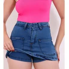 Saia Short Jeans Feminina Curto Bolsos Frontal Cintura Alta Levanta Empina Bumbum Gringa COM ELASTANO