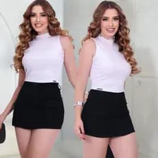 Shorts Sorte Saia Cargo Jeans Feminino Curto Bolso Frontal Cintura Alta Levanta Empina Bumbum COM ELASTANO