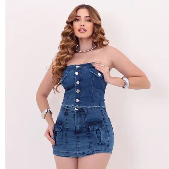 Conjunto Jeans Feminino Croped Tomara Que Caia Top Short Saia Cargo Com Elastano