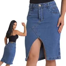 Saia jeans Feminina Midi Evangelica Fenda
