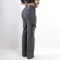 Calça Feminina Wide Leg Com Lycra Cargo Jeans Cintura Alta Com Elastano Tendencia