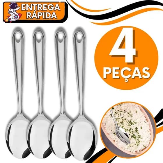 KIT JOGO 4 Colher de Servir Arroz Grande Inox Resistente Utensilio Casa Cozinha Restaurante Bar Buffet