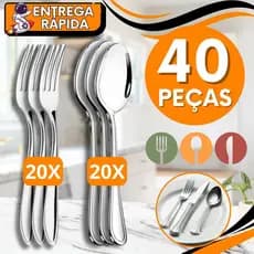 KIT 40 Talheres 20 Garfos 20 colheres  Mesa Alimentos Carne Churrasco Arroz Legumes Refeição  Faqueiro Aço Inox Premium