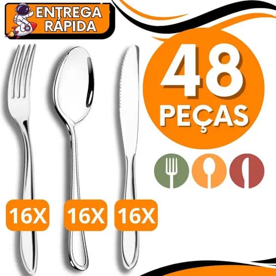 KIT JOGO 48 Talheres - Garfo  Faca  Colher  Mesa Alimentos Refeição Arroz Legumes Carne Faqueiro Aço Inox Premium