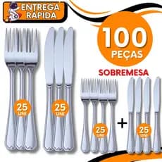 Conjunto 100 Peças -  25 Gafos 25 Facas de Mesa + 25 Garfo 25 Facas de Sobremesa Linha Inox Premium Resistente Casa Bar