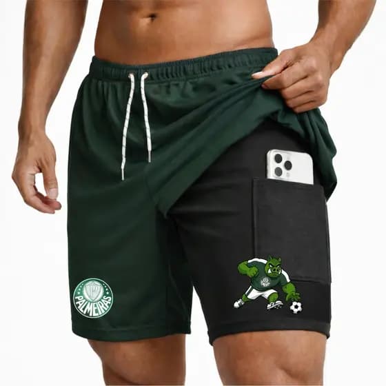 Bermuda Shorts Compressão 2 em 1 PORCO VERDE 01 Masculina Dry Fit + Elastano Leve para Academia Corridas