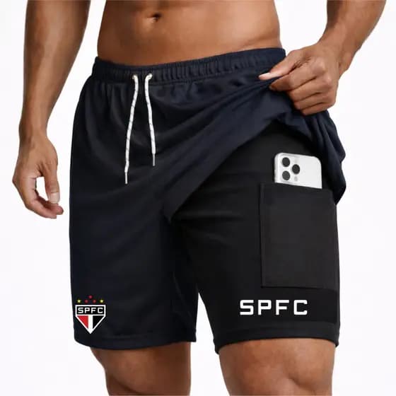 Bermuda Shorts Compressão 2 em 1 TRICOLOR 02 Masculino Futebol Corrida Academia Treino Fitness Esportivo  Elastano Musc