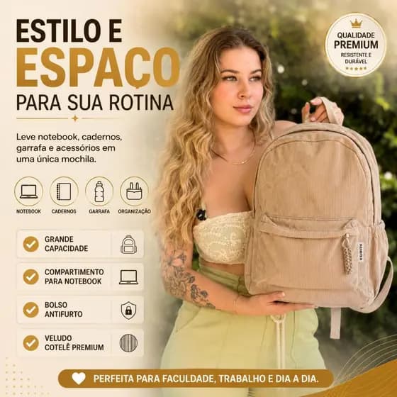 Mochila Feminina Veludo Cotelê Grande Capacidade Notebook Anti Furto Universitária Resistente