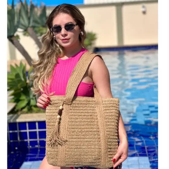 Bolsa feminina de palha grande capacidade de ombro com zíper ideal praia, piscina versátil casual