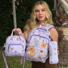 combo de Mochila Escolar Capivara Grande Capacidade Kit Infantil Juvenil Com Estojo E Lancheira