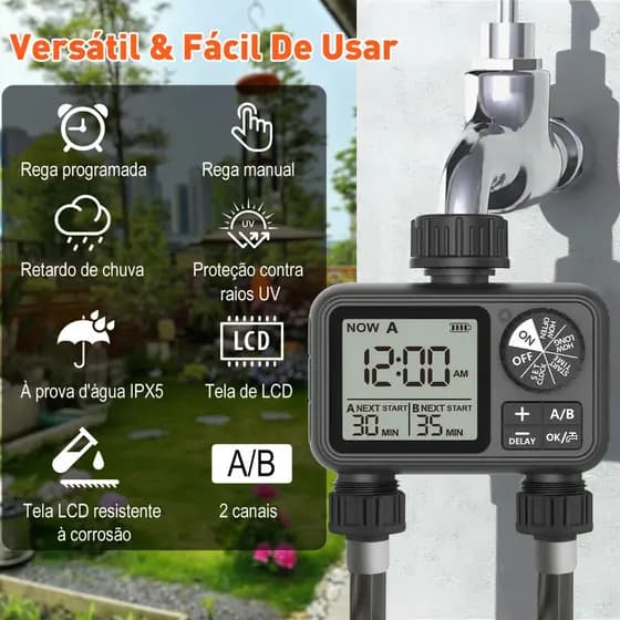 Temporizador Automático Irrigação Cronometrado , 2 Zonas – Ideal Para Jardins, Fazendas e Estufas