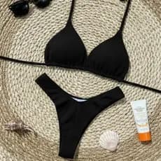 Biquíni Preto Asa Delta Cortininha Com Bojo fio dental annaruga coleção premium Cintura Alta moda verão Praia