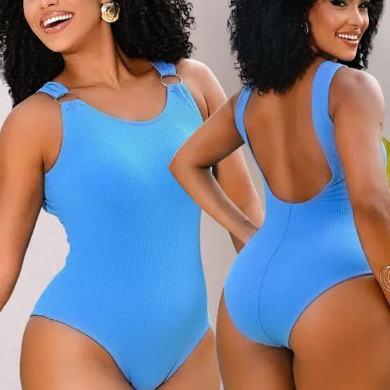 Maiô Body Feminino Azul com Bojo e Acessórios em Argola | Tecido Ana Ruga Modelador Elasticado Premium