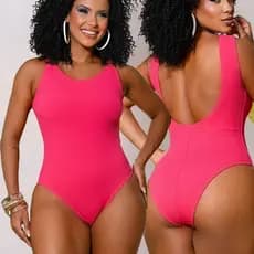 Maiô Body Feminino Rosa com Bojo e Acessórios em Argola | Tecido Ana Ruga Modelador Elasticado Premium