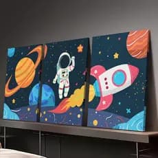 Quadro Decorativo 3 peças Astronauta e Espaço Colorido Decoração Para Quarto Infantil bebê criança