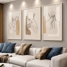 Quadro decorativo 3 peças Mulher abstrata linha preto e branco fundo nude sala consultório estética