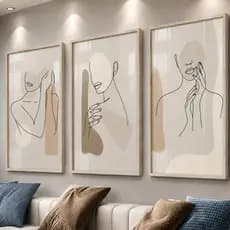 Quadro decorativo 3 peças Mulher abstrato linha preto branco fundo nude sala clínica estética salão