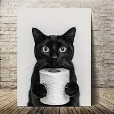 Quadro Decorativo Gato preto engraçado segurando um rolo de papel higiênico