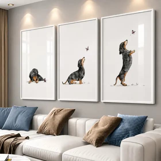 Kit Quadro 3 Peças Cachorro Salsicha Dachshund Aquarela Minimalista Decorativo para Casa Sala ou Hall