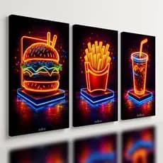 Kit 3 Quadros Lanchonete Hambúrguer e Batata Neon Gamer - Decoração Moderna para Cozinha, Hamburgueria e Área Gourmet
