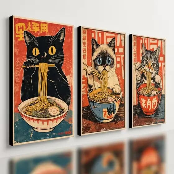 Kit 3 Quadros Gato Japonês Sushi Restaurante: Design Moderno de Luxo para seu Espaço Gourmet e Bistrô Oriental