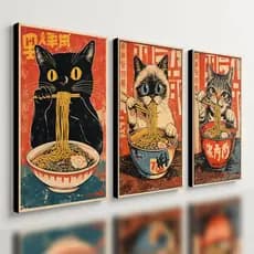 Kit 3 Quadros Gato Japonês Sushi Restaurante: Design Moderno de Luxo para seu Espaço Gourmet e Bistrô Oriental