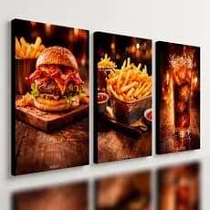 Kit 3 Quadros Fast Food Hamburguer Lanchonete est2: Design Moderno de Luxo para sua Hamburgueria Gourmet
