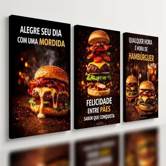 Kit 3 Quadros Fast Food Hamburguer Lanchonete: Design Moderno de Luxo para sua Hamburgueria e Área Gourmet