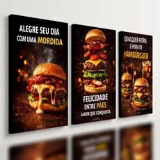 Kit 3 Quadros Fast Food Hamburguer Lanchonete: Design Moderno de Luxo para sua Hamburgueria e Área Gourmet