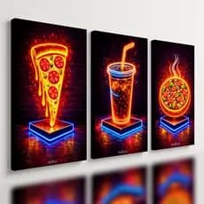 Kit 3 Quadro Decorativo Pizzaria Neon Pizza Restaurante Luxo Moderno